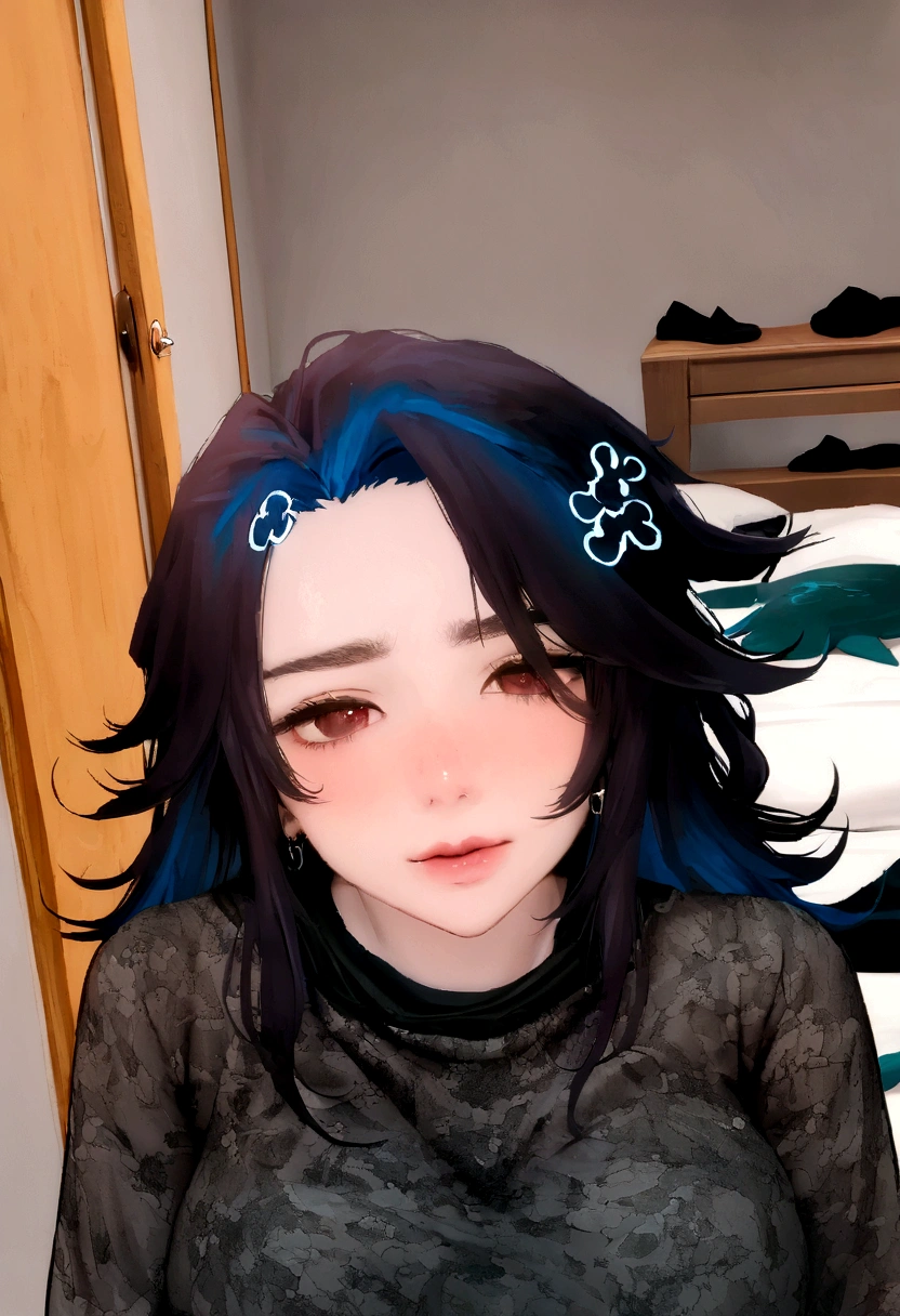 1 , bonito, cabelo preto, comma hair, forehead comma hair, cabelo coreano, estilo de rua, Moletom roxo, brilhante, olhos vermelhos, olhando para o espectador, tronco, sorriso, nariz mediano, (sorrindo:1.3)