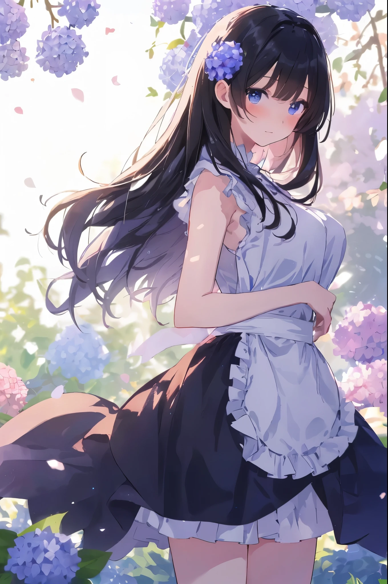 highest quality, masterpiece, (alone:1.2), (1 female:1.2)、Age 25、Large breasts、(Slim figure)、(Maidスタイル)、Maid、(From the side)、Thighs、(White highlight in pupil:1.2)、Dark blue eyes、(Black-haired:1.2)、(Long Hair)、(View your audience:1.2)、White skin、(blush)、(Embarrassed look)、Wooden veranda、(Blur the background to make the woman stand out.:1.3)、(The sunlight shines in)、(Half Backlight)、(Beautiful hydrangea flowers for background)、(Front blur)、(I see a rainbow in the distance)