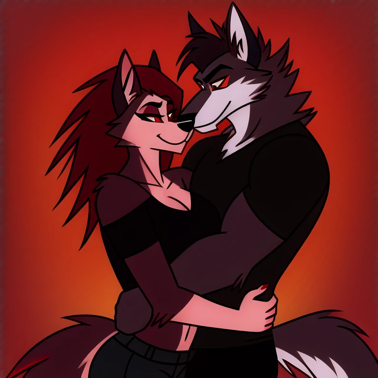 (masterpiece, best quality:1.2), Vortex female and male hellhounds, wolf, furry, helluva boss, he wears a black t-shirt with a gray vest with red spikes on the shoulders and black pants, hugging
