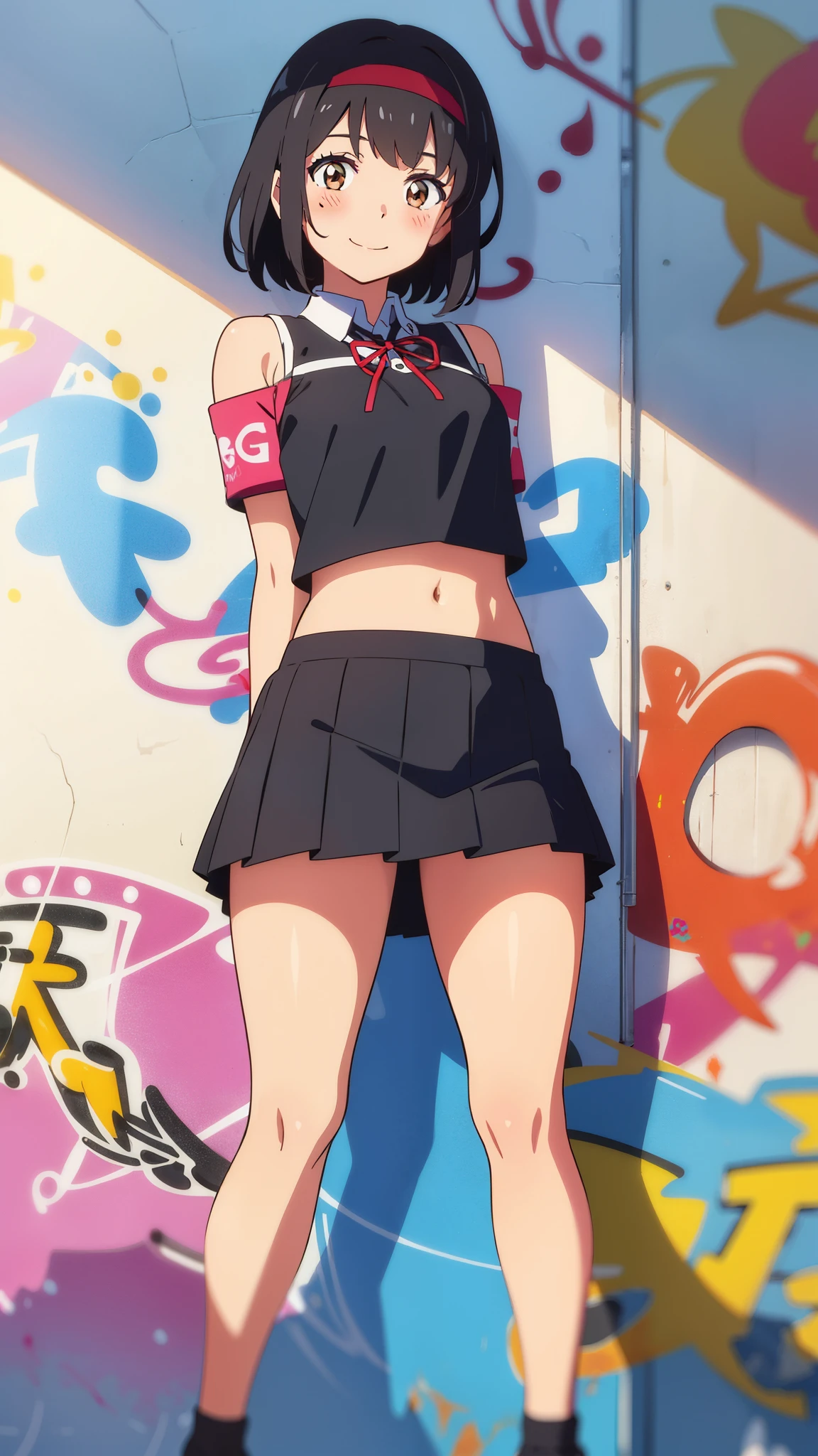 shinkai makoto, kimi no na wa., 1girl, bangs, black hair, blush, brown eyes, shinny skin, crop top, looking at the viewer, red headband, red ribbon, short hair, smile, cute, solo, pleated skirt, bare shoulders, smile, paint splatter, arms behind back, against wall, armband, head tilt, perfect body, best quality, masterpiece, (graffiti:1.5)