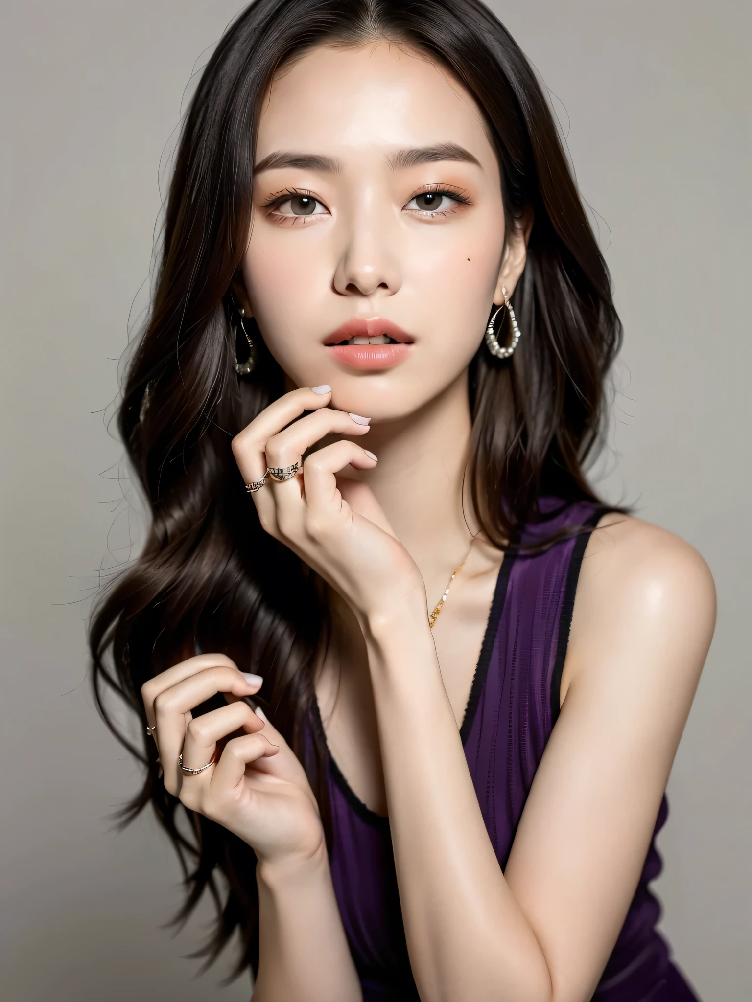 (Best Quality, 8K, Masterpiece: 1.3)), Sharp: 1.5, shoot the (high detailed skin:1.2), shoot the (high detailed face:1.2), shoot the (high detailed hand:1) 8k uhd, dslr, low key, high quality, film grain, Fujifilm XT3, lighting glow effect,no retouching,raw photo realistic, (Ukrainians:Russian:0.5), detailed eyes, double eyelids, Model posture of jewellery advertisement, BREAK jewelry, ring, parted lips, looking at viewer, earrings, simple background, outdoor, BREAK bohemian earth yeallow dress