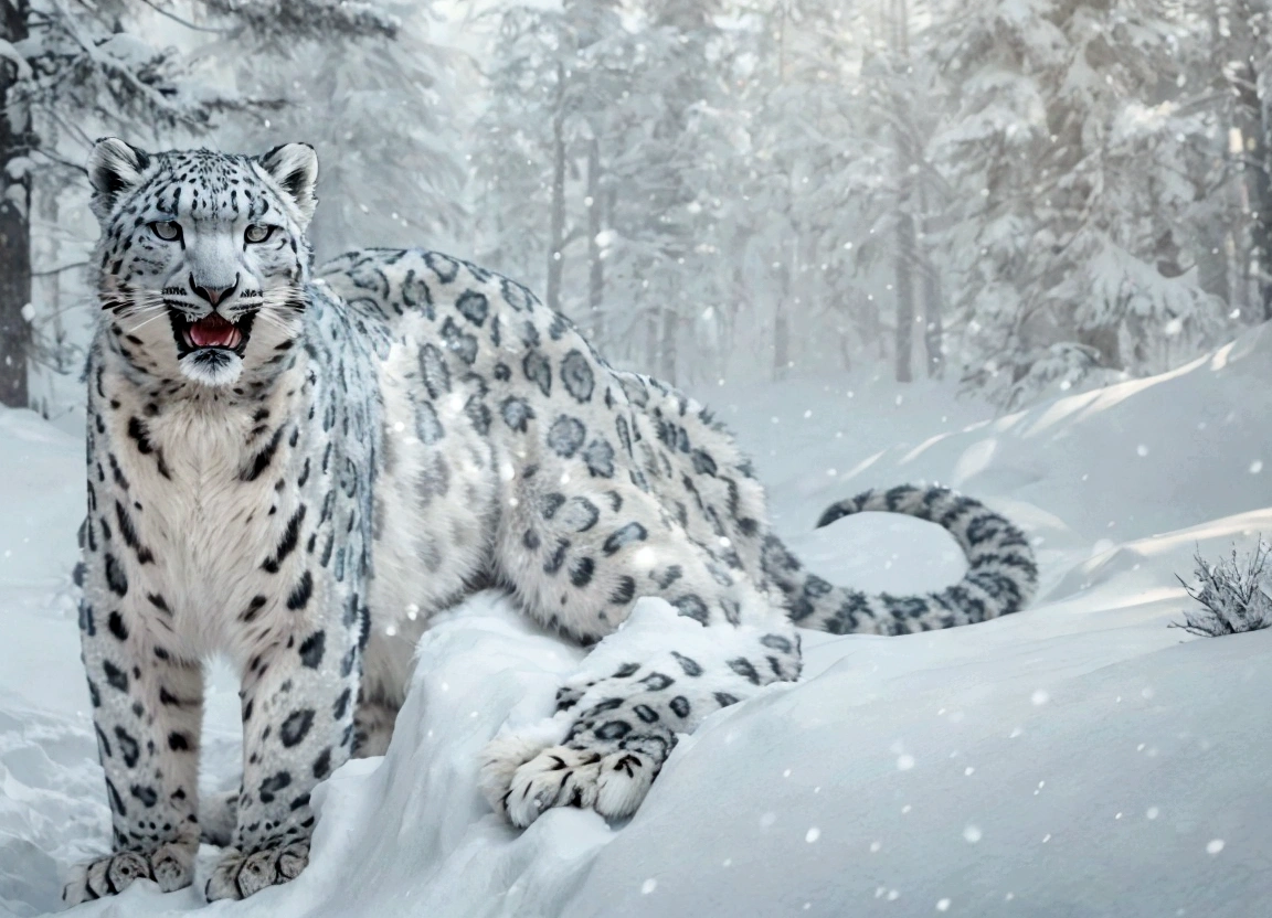 A giant snow leopard, white with grey and blue spotted, (3 very long fangs in the lower part of the mouth), photorealistic, 8k, uhd, masterpiece, in a snow land in the edge of a forest