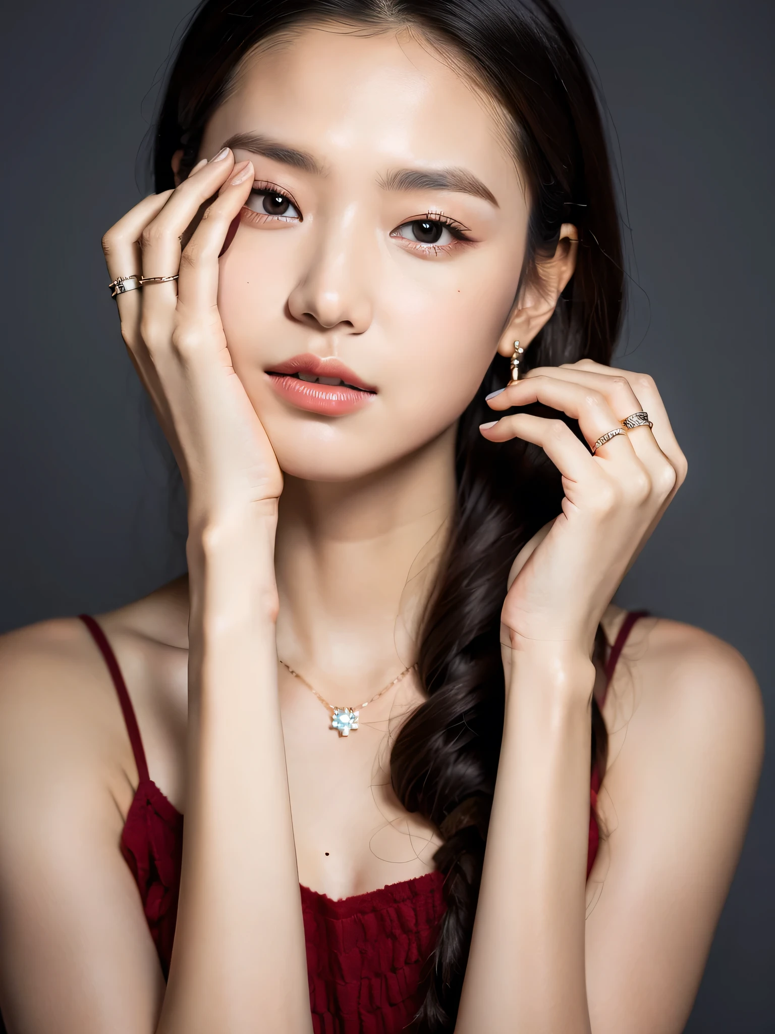 (Best Quality, 8K, Masterpiece: 1.3)), Sharp: 1.5, shoot the (high detailed skin:1.2), shoot the (high detailed face:1.2), shoot the (high detailed hand:1) 8k uhd, dslr, low key, high quality, film grain, Fujifilm XT3, lighting glow effect,no retouching,raw photo realistic, (Ukrainians:Russian:0.5), detailed eyes, double eyelids, Model posture of jewellery advertisement, BREAK jewelry, ring, parted lips, looking at viewer, earrings, simple background, outdoor, BREAK bohemian earth yeallow dress