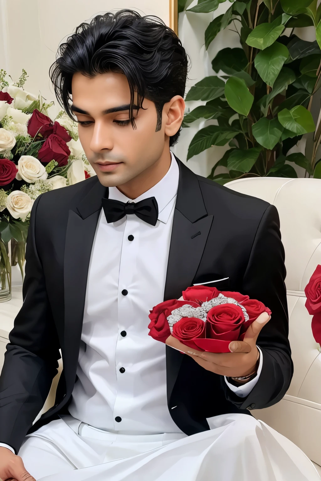 There should be a wedding on 26 June 2024 or two hearts in the background of which one heart should be placed or Arun's name should be written on one side or a boy should be in a black formal suit or a girl should be wearing a white wedding dress or there should be red roses.