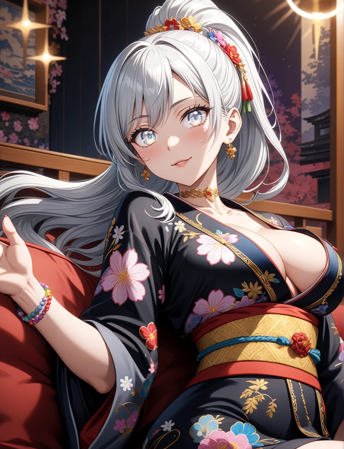 ((one personの女性)), Beautiful Face,((Wink:1.9)),((a woman in a sexy pose. She is lying on a sofa, supporting her head with one hand while the other hand is sensually running along her body. Her expression is seductive:1.3)),(Bright red cheeks:1.4),Laughing embarrassedly,Laughing with your mouth open,Glossy pink lips,Lighting on the face,night,Superior Japanese room,night景が見える,((Anime style background)),masterpiece, highest quality, so beautiful, Latest, Complex details, (Pink long nails),(ring),(bracelet),(choker),AI-generated, Complex,High resolution, highest quality, super high quality,3D Images、View your viewers、3D Images,one person,Long white hair,High Ponytail,(blue eyes),Anime woman posing for a photo, ((Fine grain、Silvery white colorful eyes、Shining Eyes:1.3)),(Squint your eyes:1.1),a hyperRealistic , hyperRealistic , Realistic,Anime woman with long and white hair, Smooth anime CG art, A woman in a colorful kimono with gold embroidery, (Black kimono),Red floral pattern,Long flower hair ornament,Big earrings,Mature Body,(Big Breasts:1.2),Mole on chest,Exposed nipples,Tall,Big Ass,Fine details,Abdominal muscles,Narrow waist,(Zoom in on face:1.1)