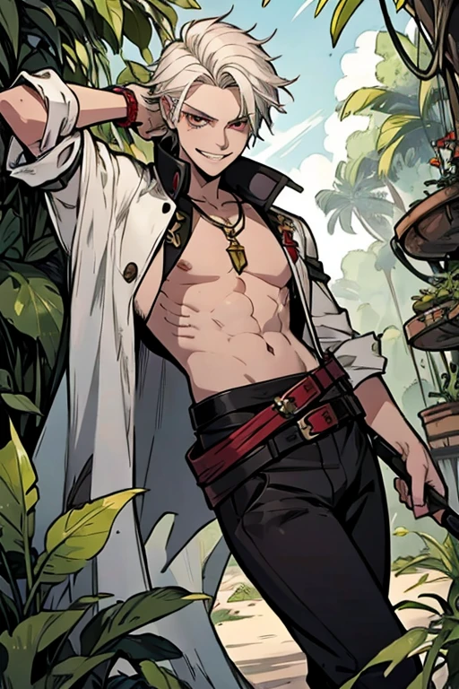 A young white haired man with ruby eyes in a pirates's outfit is cutting down vegetation in a jungle with an eager grin

