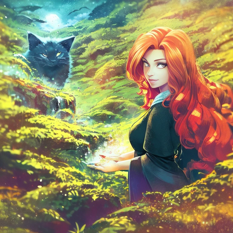 Illustration for a fairy tale, masterpiece, Fantasy World, A beautiful red-haired witch girl sits on the grass next to a large black cat in the forest in a clearing, relax in the sun with the cat, She is about ************, Cute Beautiful Round Face, medium length shaggy red hair, pet(big black cat), she wears medieval clothes, beautiful girl, very very realistic, high quality portrait, girl portrait, chill on the sunpoint