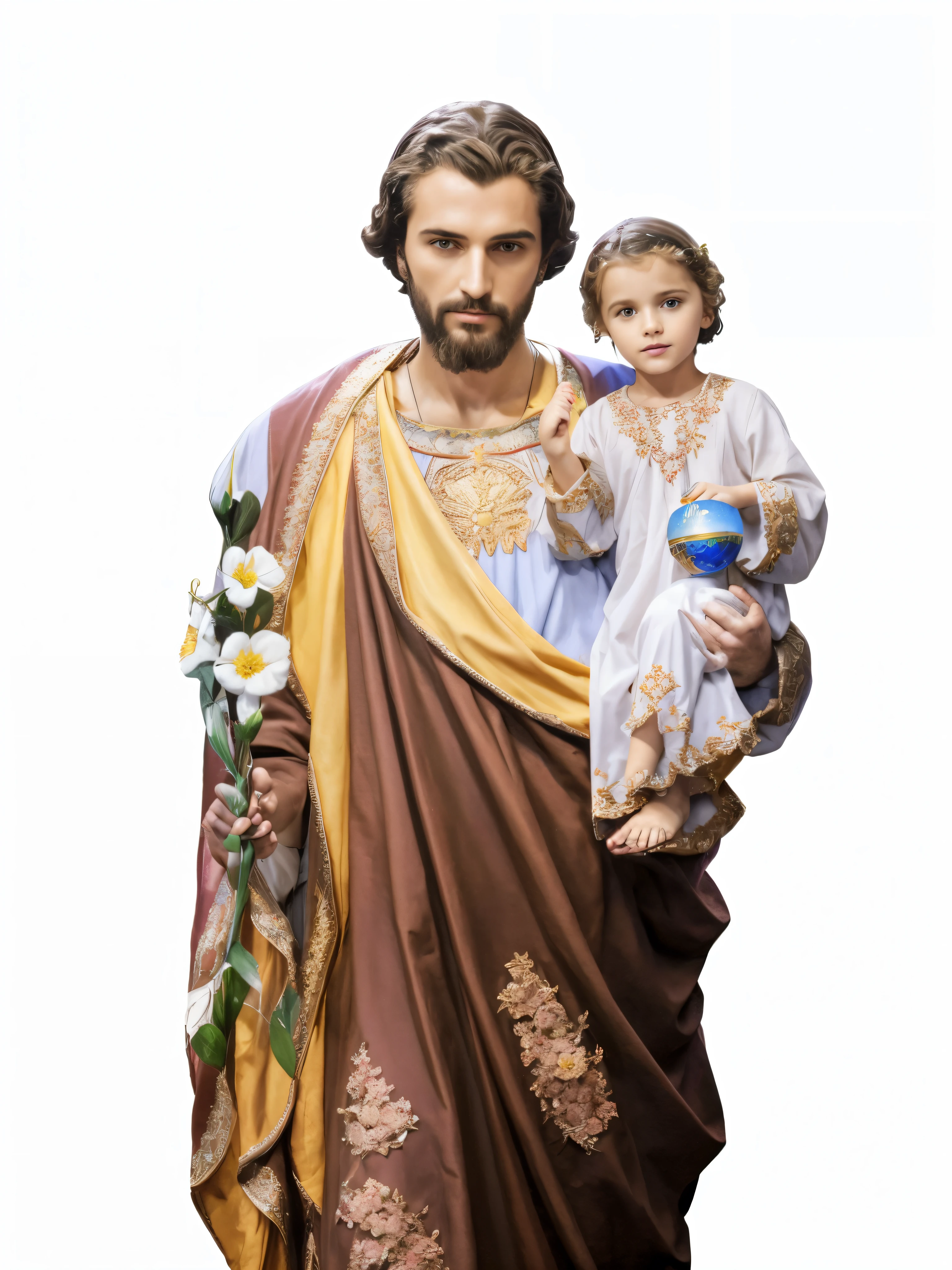 [a man holding a and a flower, Com o Jesus, orthodox saint christopher, Hello to, José and José, NPC com halo de santo, Christian saint, Dirigido por: Jorge Barret, Junior., Santo ortodoxo, santo, Jesus Gigachad, Catholic, Dirigido por: Juan O'Gorman, (Foto CRU, Real, melhor qualidade, obra-prima: 1.2), (Hiper Realista, Realista: 1.2), alta qualidade, (dark lighting: 1.2), perfect lighting, sala clara, Filmes 35mm, cinematographic, cores esmaecidas, tiro escuro, cores silenciadas, filme granulado, lute, detalhes insanos, detalhes intrincados, hiperdetalhado, 4k, tecido Realista da roupa, hand holding flowers, cabelos Realistas com fios, olhar de santo olhando reto