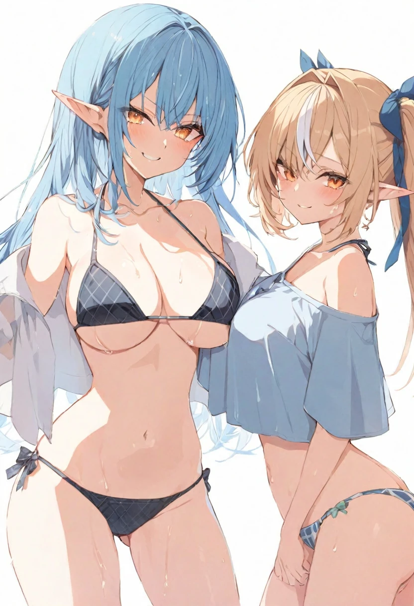 (masterpiece), (best quality), perfect face, beautiful girl, white background background, delicate and beautiful face and eyes, dark intense shadow,
2 girl, vtuber style, cool girl, hololive, Shiranui Flare, Yukihana Lamy, Elf ears, , bikini, wet body, big chest, cropped shoulders, clavicle, winking, smile, bare feet, chest visible through clothes, ass visible through thighs, (full body), looking at viewer, standing,