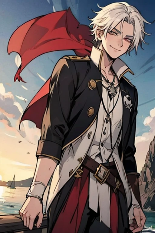 A young white haired man with ruby eyes in a pirates's outfit is smiling on a sea cliff