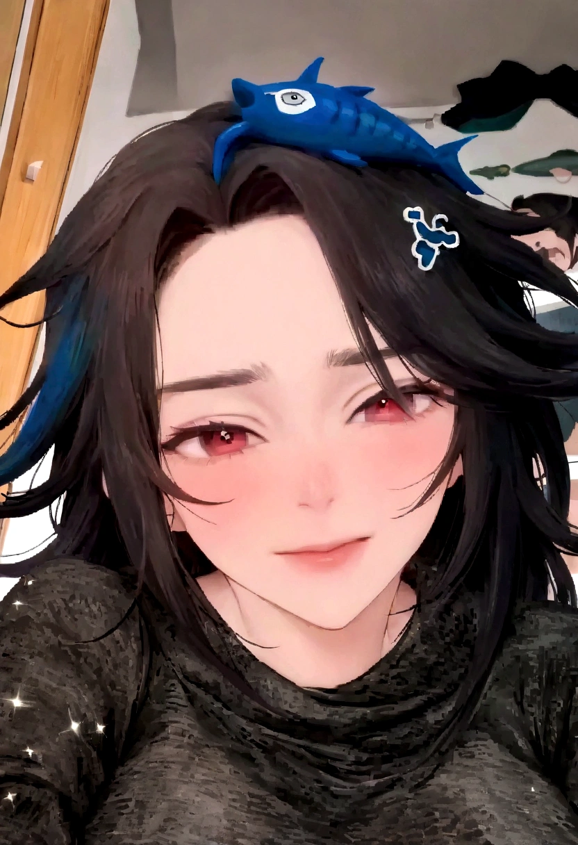 1 ,  bonito, cabelo preto, comma hair, forehead comma hair, cabelo coreano, estilo de rua, Moletom roxo, brilhante, olhos vermelhos, olhando para o espectador, tronco, sorriso, nariz mediano