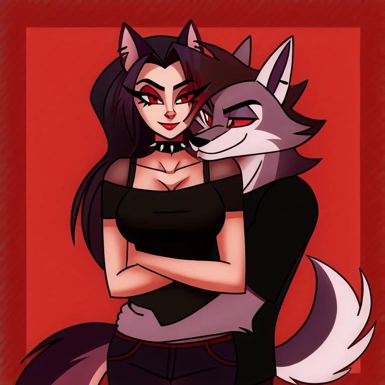 (masterpiece, best quality:1.2), Vortex female hellhound, wolf, furry, helluva boss, he wears a black t-shirt with a gray vest with red spikes on the shoulders and black pants, hugging a human