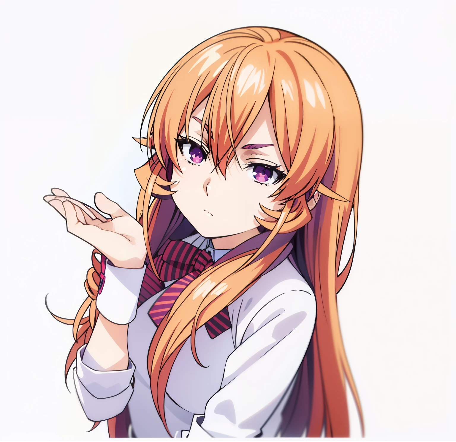 erina nakiri, long hair, orange hair, (purple eyes:1.1), hair between eyes,skirt, thighhighs, bow, , jacket, pleated skirt, shoes, black thighhighs, zettai ryouiki, plaid, plaid skirt, blazer,,simple background, I am talking,simple background, I am talking
