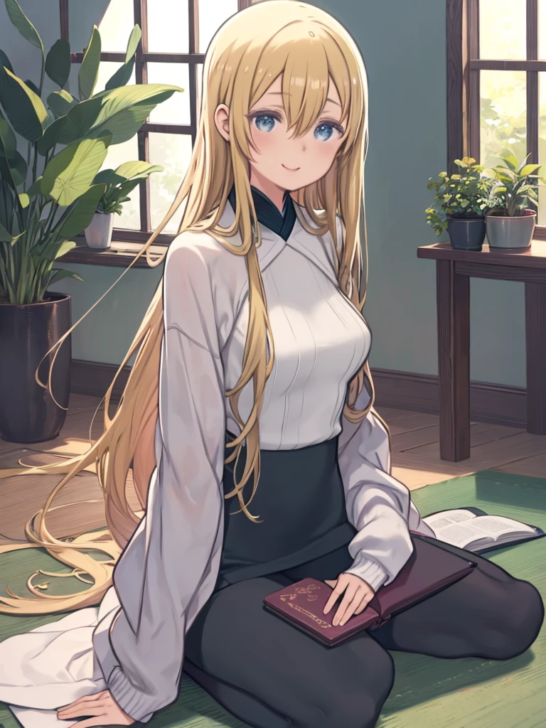 (LoRA Kuroboshi Kouhaku style)、One Girl、Blonde Hair、long hair、Hair between the eyes、Sit in a classic chair、Turtleneck sweater、Lip sweater、Pencil Skirt、Green clothes、Reading a book、Watching the audience、Smiling、Elegant、beautiful、Bright sunlight coming through the window、Potted plants、Foliage plant、
