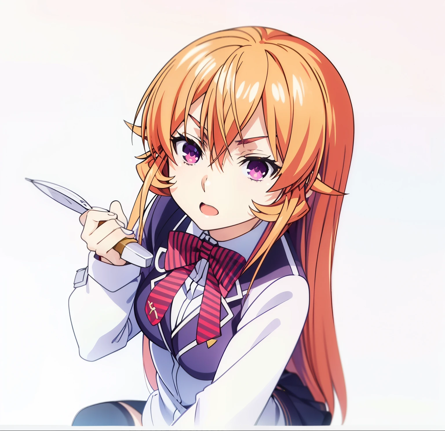 erina nakiri, long hair, orange hair, (purple eyes:1.1), hair between eyes,skirt, thighhighs, bow, , jacket, pleated skirt, shoes, black thighhighs, zettai ryouiki, plaid, plaid skirt, blazer,,simple background, I am talking,simple background, I am talking
