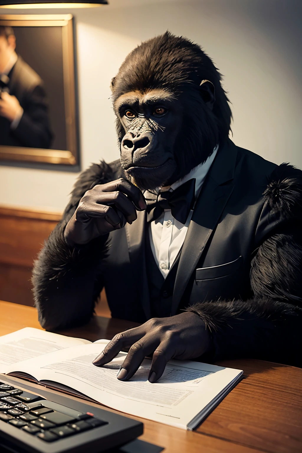 (High-definition, professional quality: 1.2), Realistic render, (animal, anthropomorphism: 1.2), Gorilla in formal attire, Typing on a laptop, (detailed fur texture: 1.3), realistic eyes, (black suit), (typing animation), (formal setting, office: 1.1), (perfect nose, lips: 1.0), (appearing professional), (sitting in a chair: 1.2), (high angle shot: 1.2), busy, (intense concentration: 1.2), (8K RAW image: 1.1), ultra high resolution, (furry hands holding