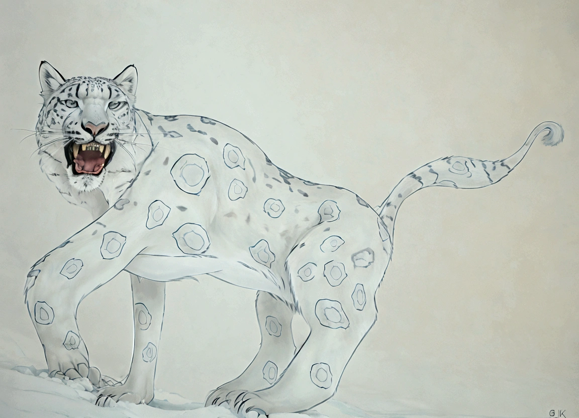 A giant snow leopard, white with grey and blue spotted, (3 giant very long fangs in the lower part of the mouth), photorealistic, 8k, uhd, masterpiece, in a snow land in the edge of a forest