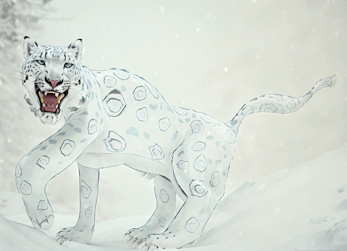 A giant snow leopard, white with grey and blue spotted, (3 giant very long fangs in the lower part of the mouth), photorealistic, 8k, uhd, masterpiece, in a snow land in the edge of a forest