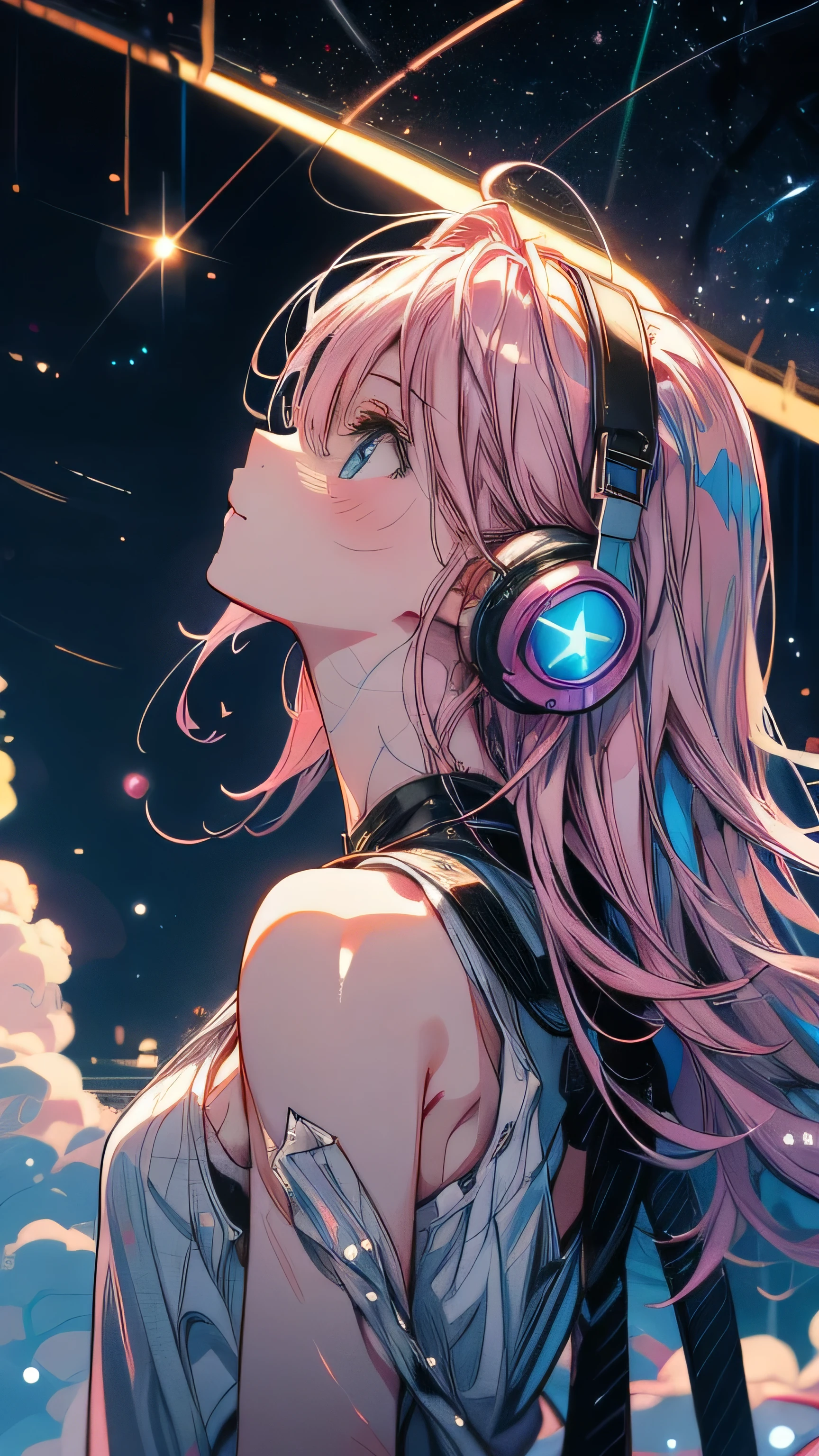 Pink Hair,Wearing a white tank top,Light clothing in summer,night starry sky background,Sad expression,Double Tail,headphone,night,moon,Star,meteor,Looking up at the stars,Full moon,Many Stars,milky way