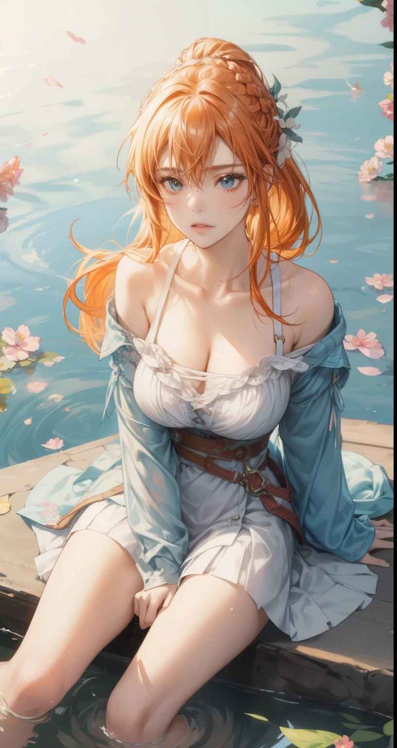 (Masterpiece), (Best Quality), (Super Detail), (disheveled Hair), (Illustration), (One Girl), (Fashionable Clothes), Standing, Fashion Model, Beholder, (Interview), (Simple Background), Finely Beautiful Eyes, Delicate Beautiful Face, Floating, (High Saturation), (Colorful Splash), Colorful Bubble, (Shine), Full body, sitting, open legs, pelvic, waist, crotch, Ponytail, Light Blue Hair, Bangs, Hair Rings, Floating Flowers, Floating Hairs, (Shining), Best Lighting, Best Shadows, Asuna Yuuki, cleavage, gigantic breast, sweat covered, orange hair, braided hair