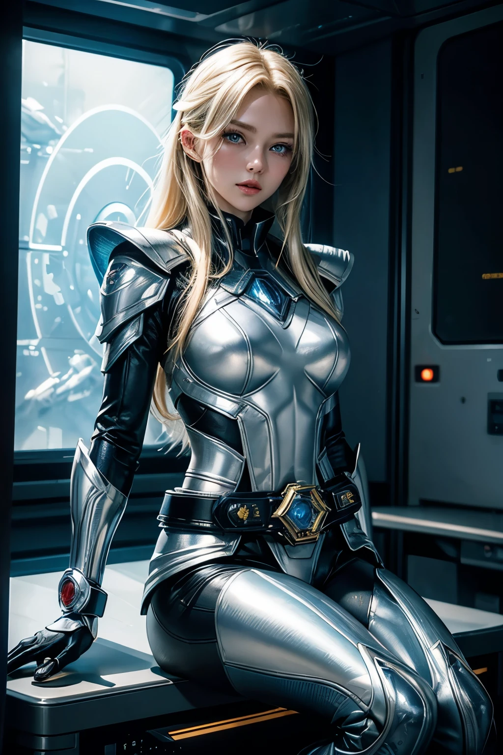 One beautiful woman。Twenty years old。Blonde hair and blue eyes。Beautiful double eyelids。Straight nose。Well-shaped lips。She wears silver metallic combat gear.。There is something around his waist that resembles a Kamen Rider transformation belt.。She sits at the command center of a spaceship.。