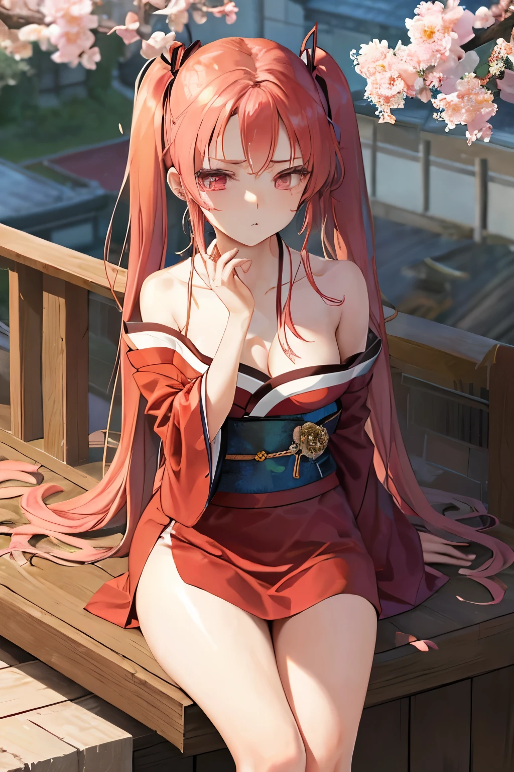 (exquisite quality), meticulous detail, red-haired girl, slender, skinny, flat chest, kimono, wide hips, (ornaments adorning her pig tails), long, cascading hair, (hooded kimono revealing her slender shoulders), (sunlight illuminating her delicate features), (her pigtails swaying as a gentle breeze blows), (sitting on a wooden balcony overlooking a cherry blossom tree), (melancholic expression etched onto her face), (hand resting on her chin, deep in thought).