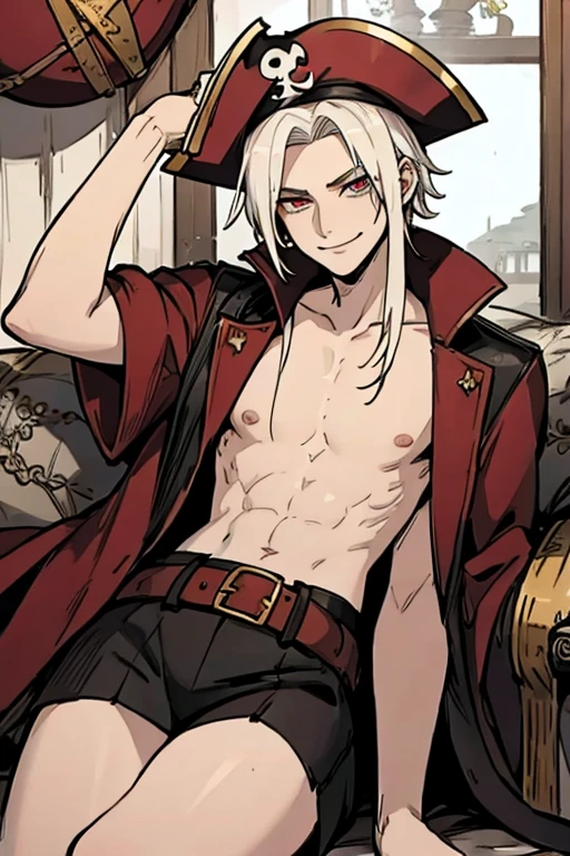 A young white haired man with ruby eyes in a pirates's outfit is smiling while sitting on a  pile of treasure