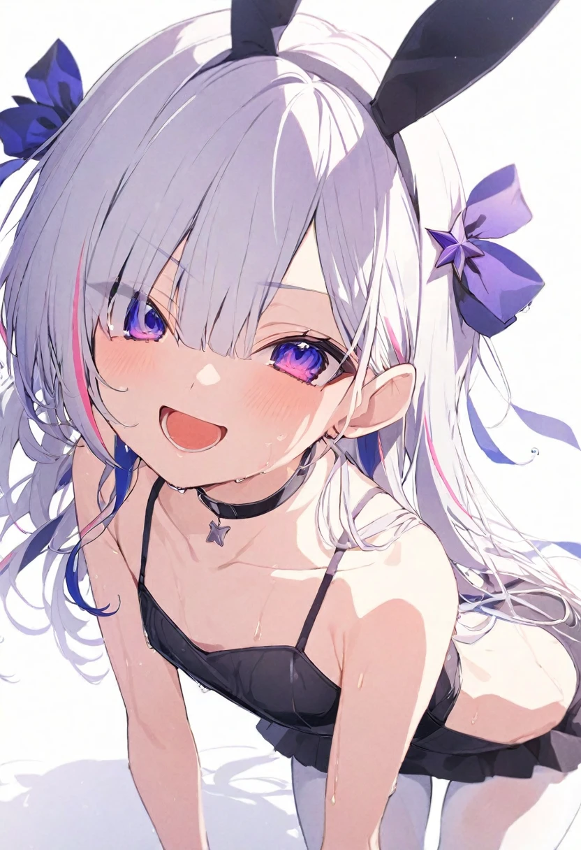 (masterpiece), (best quality), perfect face, beautiful girl, white background background, delicate and beautiful face and eyes, dark intense shadow,
1 girl, vtuber style, cool girl, hololive, amane kanata, streaked hair, blue bunny girl , white pantyhose, wet body, small chest, cropped shoulders, clavicle, winking, smile, body visible through clothes, chest visible through clothes, ass visible through thighs, (full body), looking at viewer, standing,
