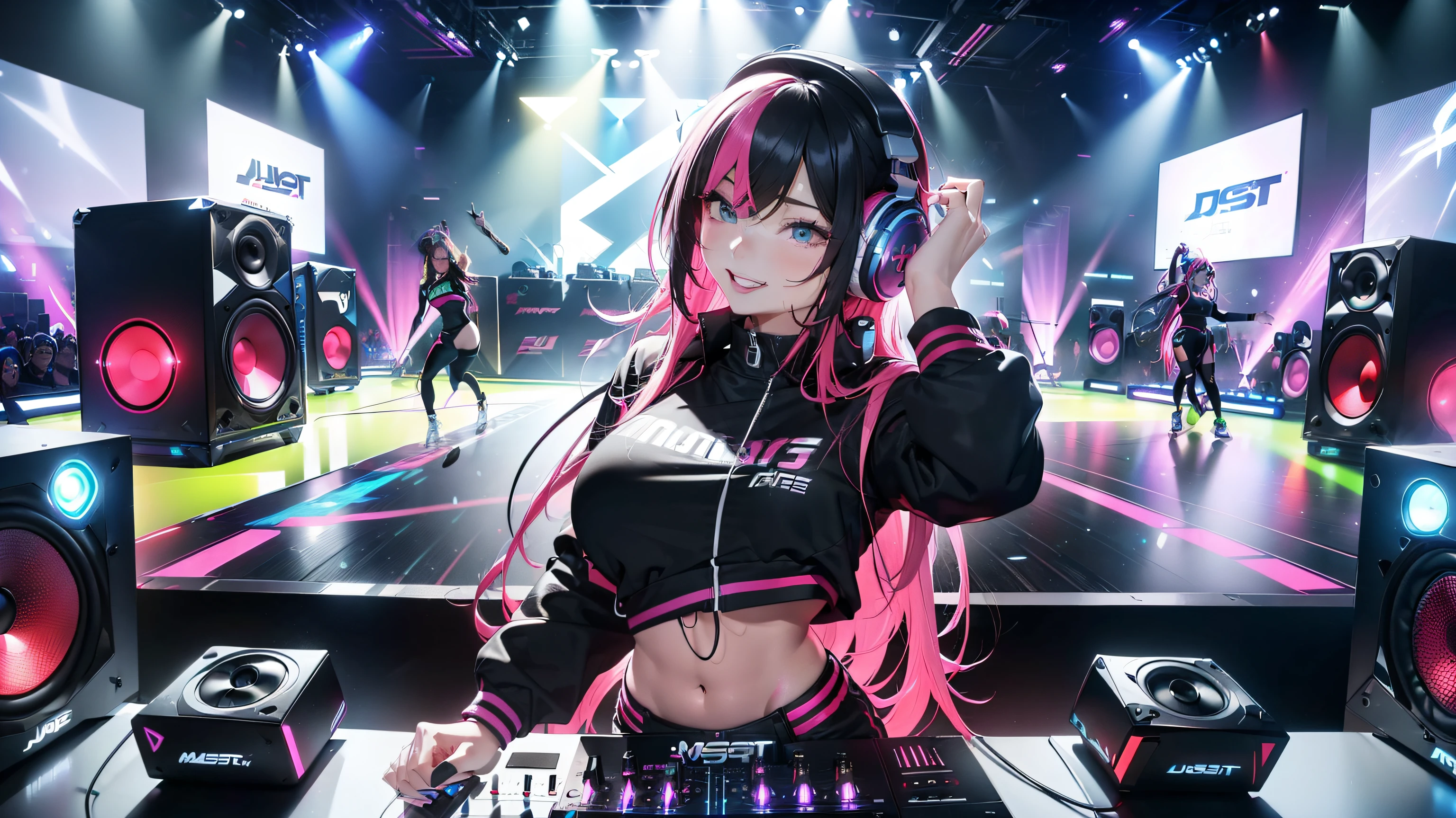 Masseter muscle area、Ultra-fine、Surreal、Beautiful female DJ in DJ suit with black top and Headphones、DJ Set、sporty、Headphones DJ Rave, sporty, Headphones、DJ at a party、DJ Rave 、Collection Station、(((Huge speaker in the background)))、(((Dancing crowd)))、(Colorful Hair)、Shiny Hair、(Laughter)、Colored inside、Smokey、(Pause)