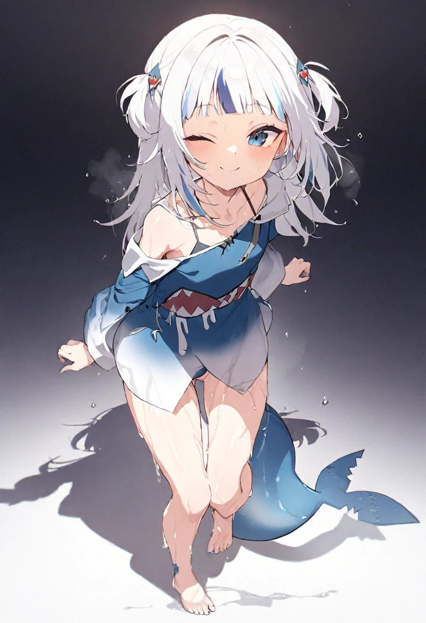 (masterpiece), (best quality), perfect face, beautiful girl, white background background, delicate and beautiful face and eyes, dark intense shadow, 
1 girl, vtuber style, cool girl, hololive, Gawr Gura, bikini, wet body, small chest, cropped shoulders, clavicle, winking, smile, bare feet, chest visible through clothes, ass visible through thighs, (full body), looking at viewer, standing, 