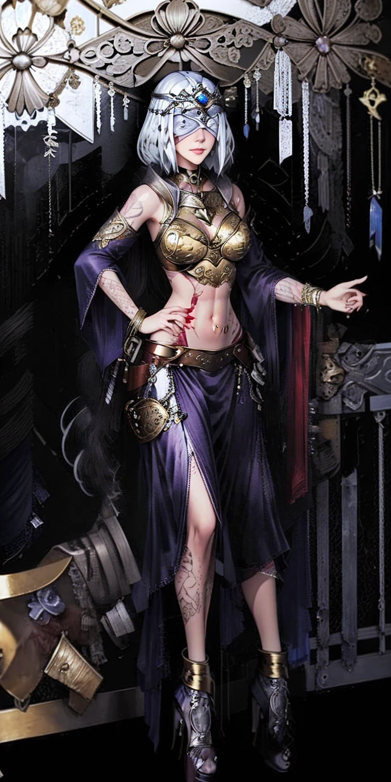 (white background:1.2) Two long thighs, short hair, large breasts, detached sleeves, royal tiara, long cape, yellow tiger bikini, high heels, hands on hips. red tattoo on belly navel, full body female MILF BIMBO, lustful smirking smile face (red blush), metal shoulders, golden bracers sleeveless, black choker sex slave, blindfolded, leather corset abs navel, parted lips, blindfolded blindfold blind mask