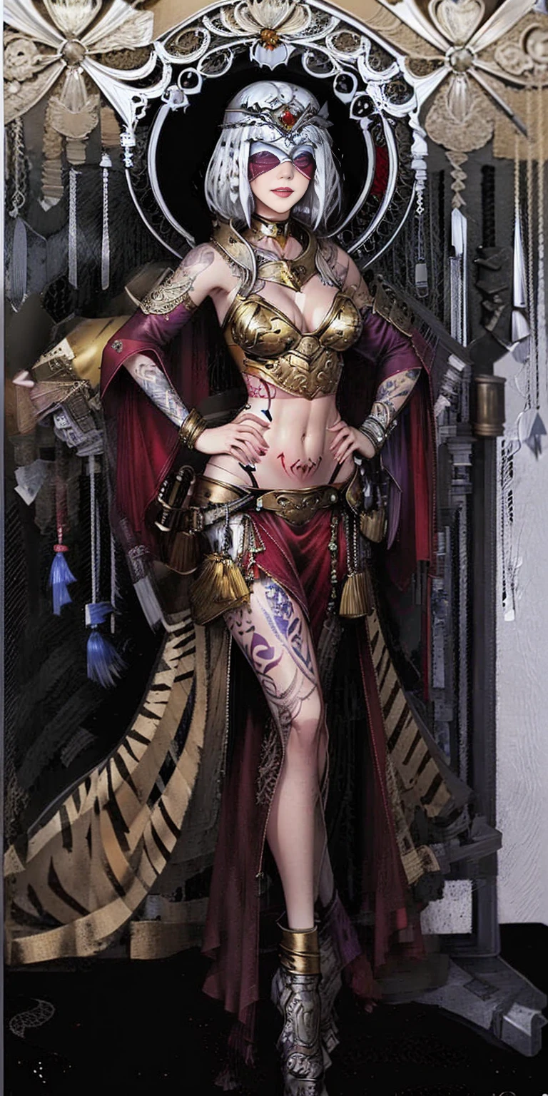 (white background:1.2) Two long thighs, short hair, large breasts, detached sleeves, royal tiara, long cape, yellow tiger bikini, high heels, hands on hips. red tattoo on belly navel, full body female MILF BIMBO, lustful smirking smile face (red blush), metal shoulders, golden bracers sleeveless, black choker sex slave, blindfolded, leather corset abs navel, parted lips, blindfolded blindfold blind mask