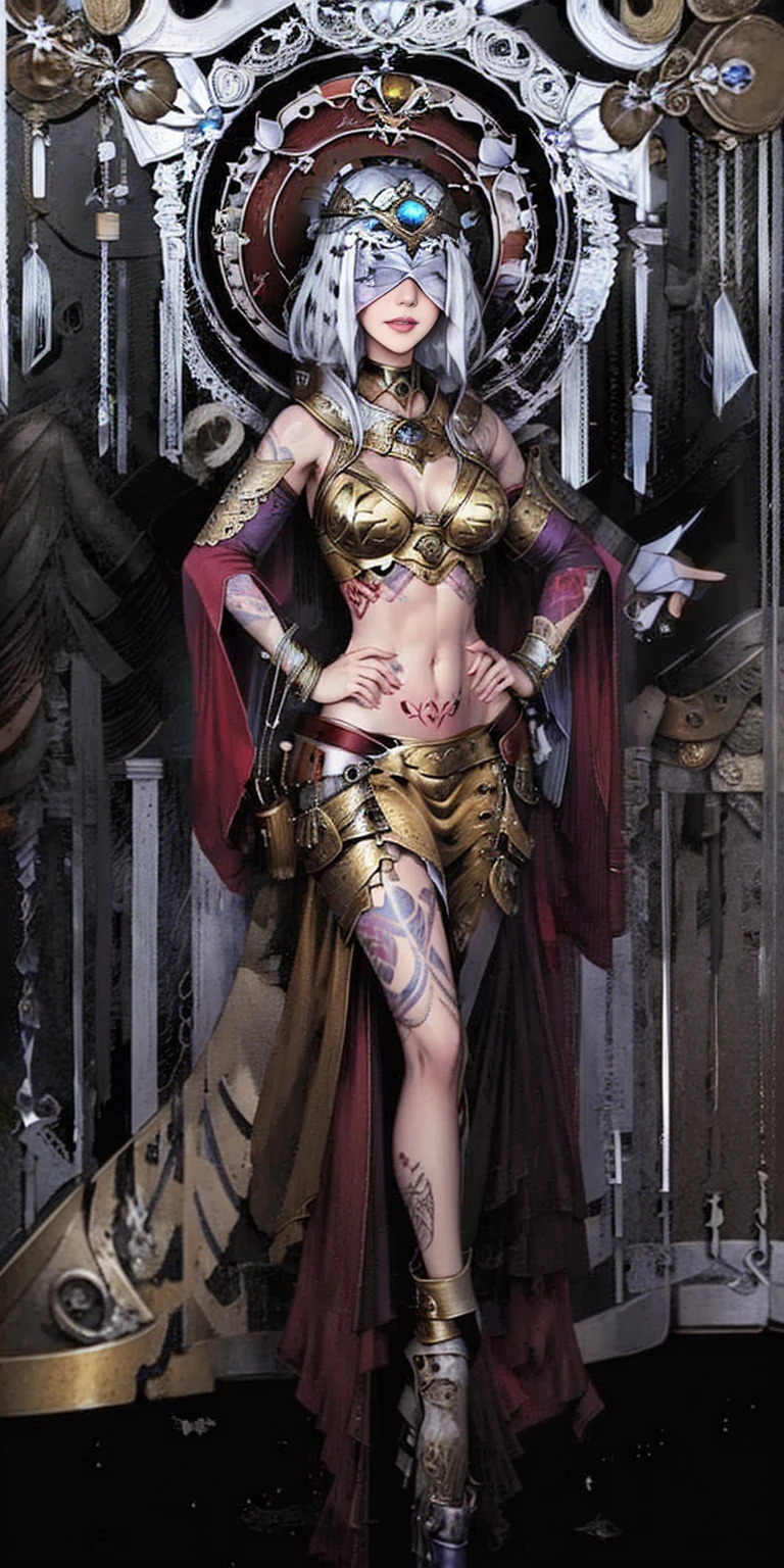 (white background:1.2) Two long thighs, short hair, large breasts, detached sleeves, royal tiara, long cape, yellow tiger bikini, high heels, hands on hips. red tattoo on belly navel, full body female MILF BIMBO, lustful smirking smile face (red blush), metal shoulders, golden bracers sleeveless, black choker sex slave, blindfolded, leather corset abs navel, parted lips, blindfolded blindfold blind mask