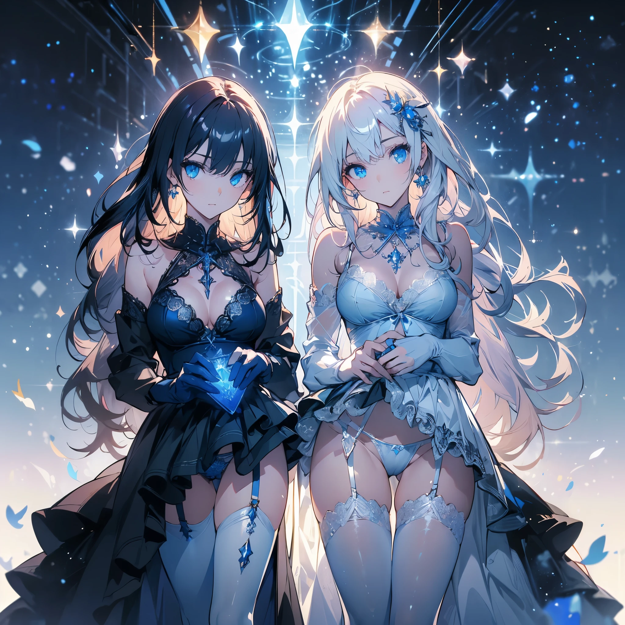 ((masterpiece, best quality)), Delicate face，Magician，Gold and blue，whole body，Standing picture，Long legs，Large Breasts，Gradient long wavy hair，Perfect body proportions，Beautiful blue eyes，Extremely beautiful，transparent， Pure white background，Blue Rose，Erotic_lingerie，Sexy_Bikini，Lace，Garter stockings