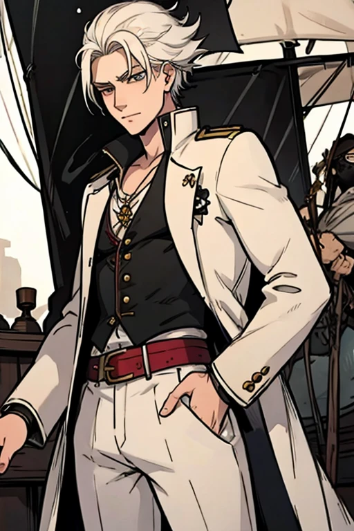 A young white haired man with ruby eyes in a pirates's outfit is getting back on his pirate ship