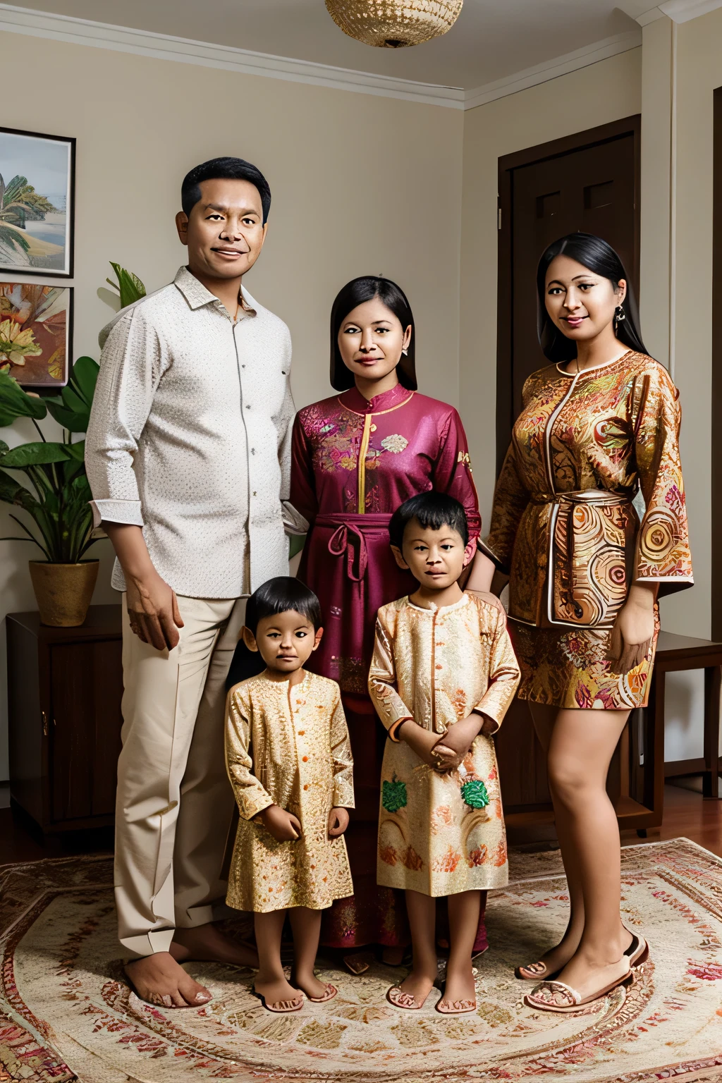 A realistic family photo of an Indonesian family wearing batik. The family consists of a husband aged 26, a wife aged 25, son aged 6, a daughter aged 10 and another daughter aged 7. They are wearing same color clothes, The background is guests room with high resolution HD quality.