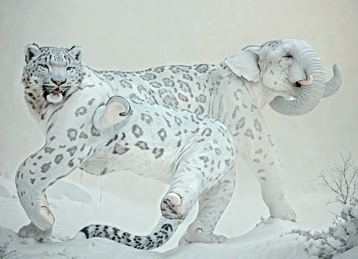 A giant snow leopard, white with grey and blue spotted, (3 giant long fangs like elephant in the lower part of the mouth), photorealistic, 8k, uhd, masterpiece, in a snow land in the edge of a forest