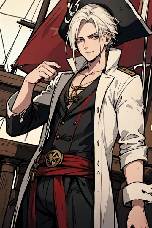 A young white haired man with ruby eyes in a pirates's outfit is leaning on the railing of a pirate ship with a longing look