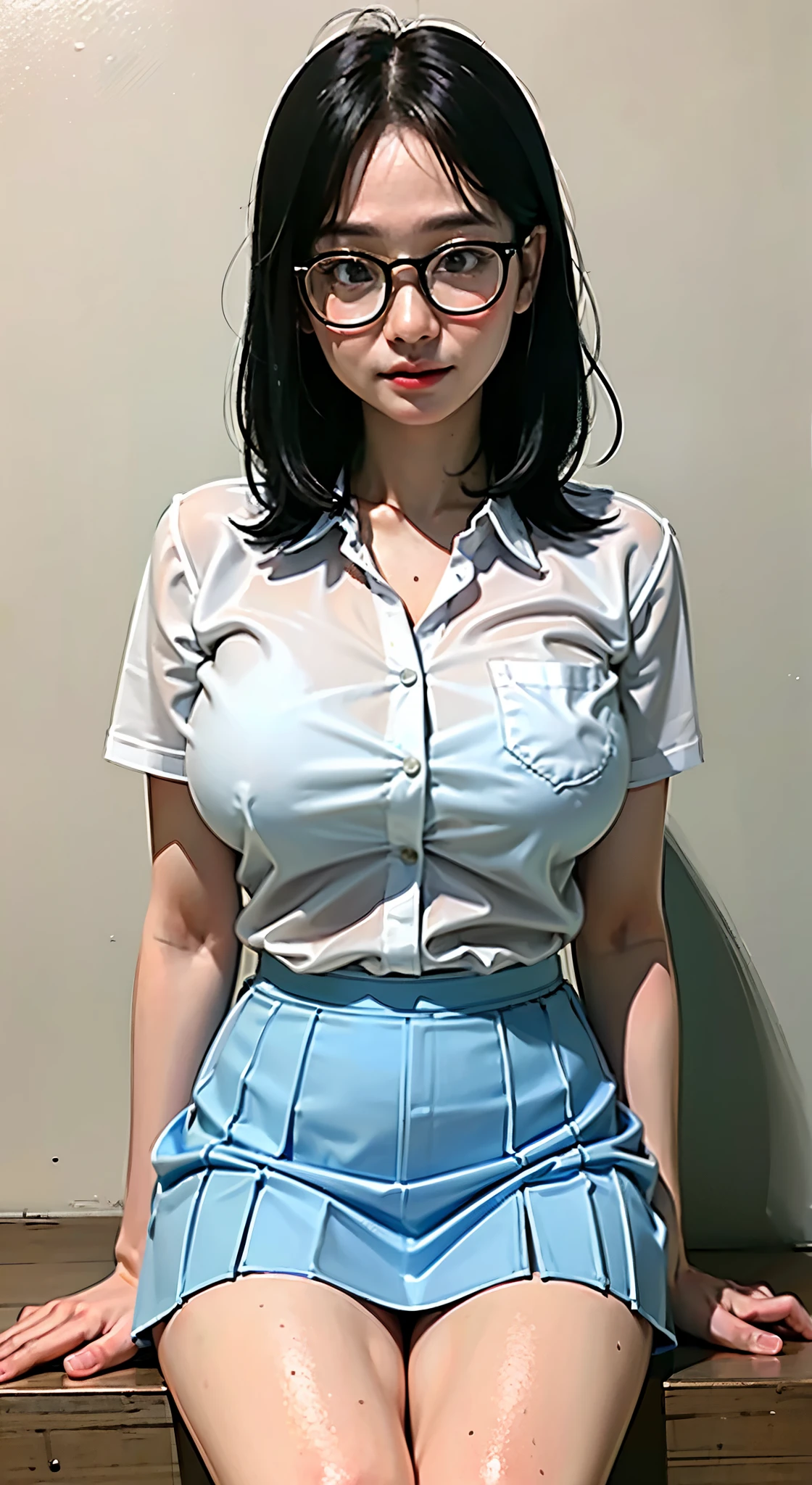 18 years old girl, (((at park))), (transparent white shirt), (wet shirt), (light blue skirt), (short skirt), RAW photo, (photorealistic:1.37, realistic), highly detailed CG unified 8K wallpapers, 1girl, ((slender body:1)), (huge breasts:1.3), looking at viewer, ((straight from front)), (HQ skin:1.2), (clean skin:1.2), 8k uhd, dslr, soft lighting, high quality, film grain, Fujifilm XT3, (full body:0.8) , tokyolagii , (bold glasses), full body in, perfect body, sitting, two legs, open