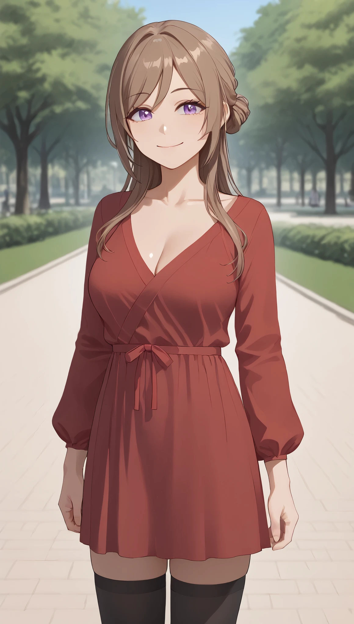 score_9, score_8_up, score_7_up, score_6_up, source_anime,masterpiece, best quality, 8k, 8k UHD, ultra-high resolution, ultra-high definition, highres, shading, good_hands, himesaki rinami, purple eyes, brown hair, hair bun, long hair, red dress, (see-through cleavage), black thighhighs, (shiny skin), outdoors, park, solo, 1girl, cowboy shot, soft smile, closed mouth,