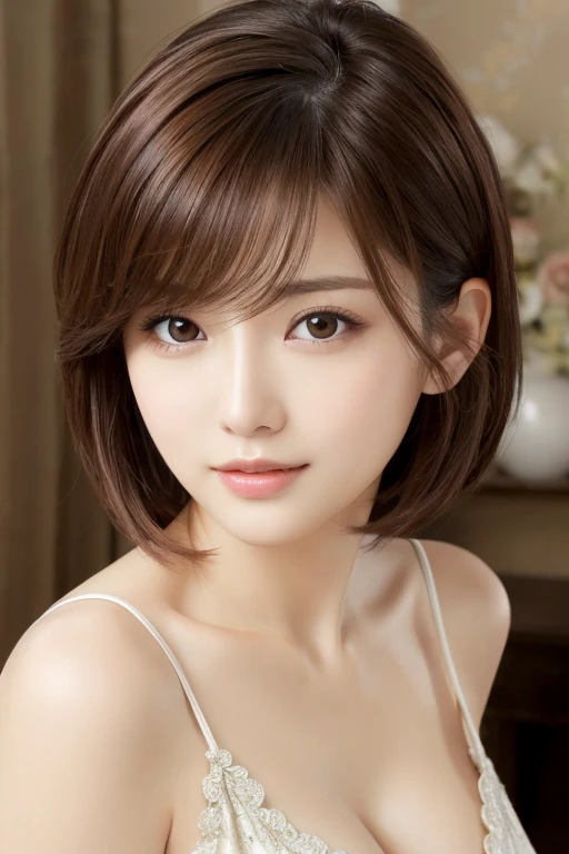 masterpiece、highest quality、High resolution、Tabletop、wallpaper、Realistic、Bright lighting、Professional Lighting、Face Light、Smooth lighting、Japanese women、Adult、Beautiful woman、action、gravure、sexy、so beautiful、Beautiful Skin、Beautiful and detailed、Detailed face、slim、short hair、Brunette colored hair、Brown eyes、Looking at the camera、Cleavage