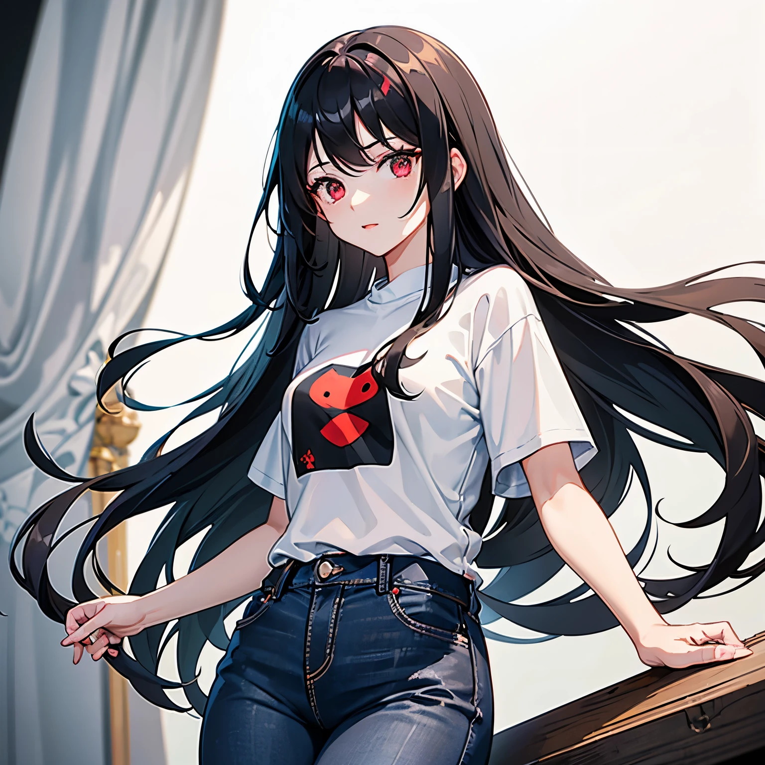 A 21-year-old woman with long black hair and red eyes.、White shirt、jeans、No exposure、No background。