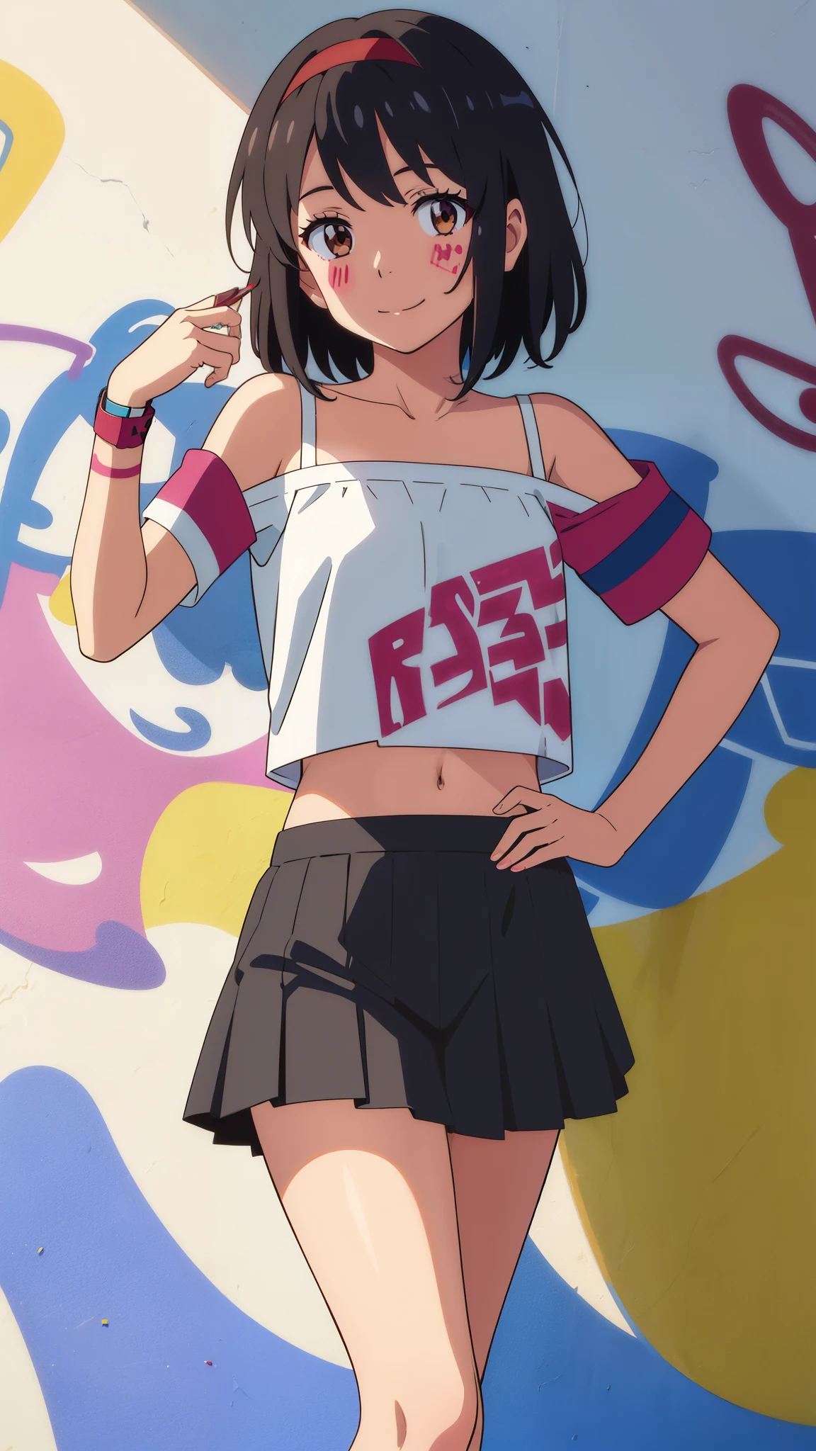 shinkai makoto, kimi no na wa., 1girl, bangs, black hair, blush, brown eyes, shinny skin, crop top, looking at the viewer, red headband, red ribbon, short hair, smile, cute, solo, pleated skirt, bare shoulders, smile, paint splatter, against wall, armband, head tilt, perfect body, best quality, masterpiece, (graffiti:1.5)
