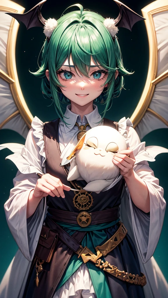 The image is an illustration of a fantasy character with distinctive anthropomorphic features. El personaje tiene el pelo corto y blanco, and dark-tipped ears that resemble those of a bat or demon, with small horns protruding from the head. He has a playful smile and is winking, con una mano juguetonamente tocando el rostro. The character also has a pair of dark wings.
El personaje lleva puesto un top blanco, fuera del hombro, con detalles dorados entrecruzados y un collar con un colgante en forma de sol que tiene una joya verde en el centro. Otra joya verde cuelga de la prenda justo debajo del escote. The character's appearance suggests he could be from a video game, anime o manga, encarnando una mezcla de inocencia y travesura.
La firma "@irahi_" es visible en la esquina inferior izquierda, indicando el artista o creador de la imagen. The overall style is typical of Japanese anime or manga with a high level of detail and a soft color palette.