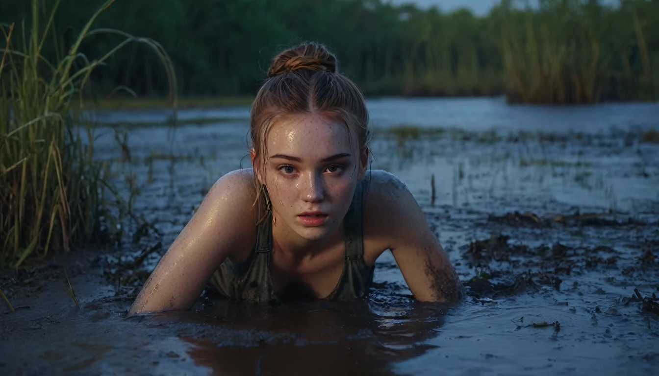 a teenage girl with freckles, long messy loose bun, pale skin, wearing a crop-top and shiny muddy jeans, drowning in a swamp, dry-humping, lifeless expression, victim pose, hides herself, dusk,(best quality,4k,8k,highres,masterpiece:1.2),ultra-detailed,(realistic,photorealistic,photo-realistic:1.37),dark,moody,chiaroscuro lighting,dramatic,cinematic