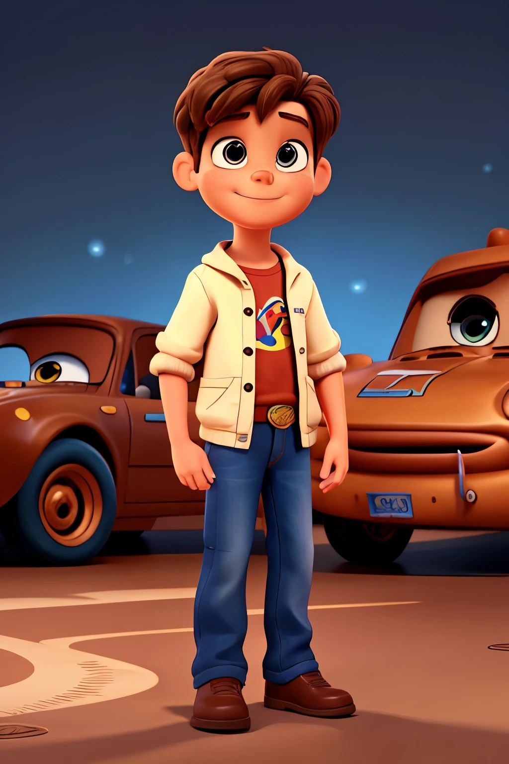Disney Pixar style drawing of a 4 year old boy with brown hair and brown eyes wearing clothes from the movie Cars and a nice background of Cars car toys and lightning mcqueen