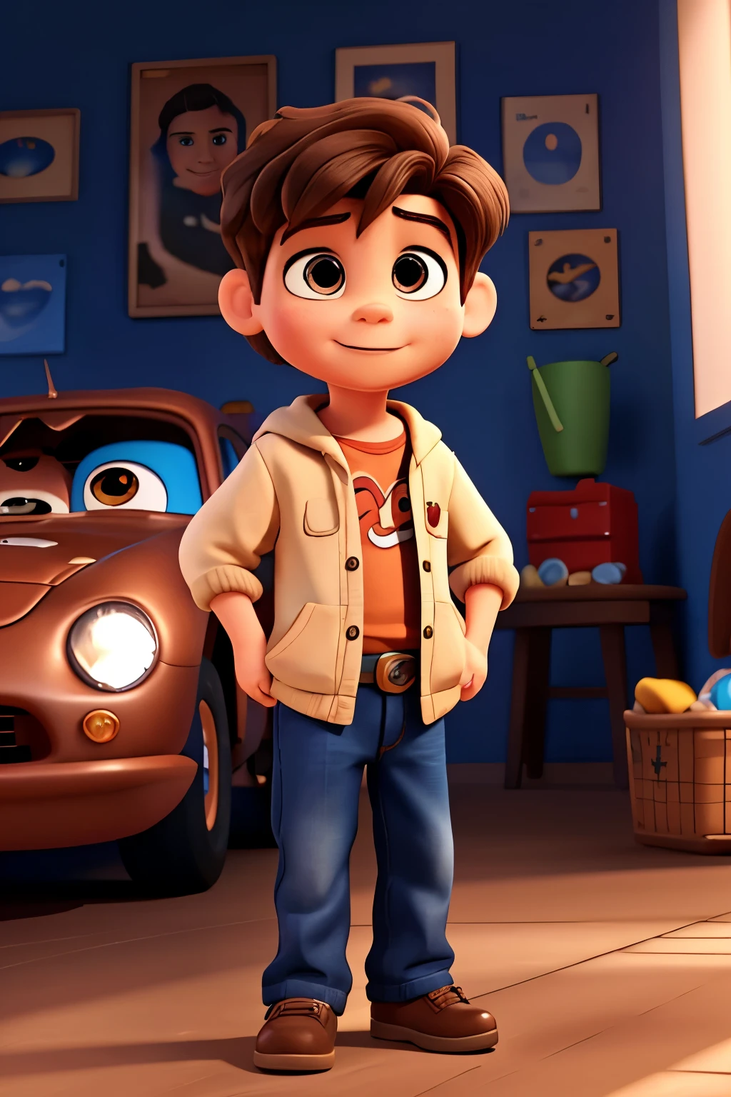 Disney Pixar style drawing of a 4 year old boy with brown hair and brown eyes wearing clothes from the movie Cars and a nice background of Cars car toys and lightning mcqueen 