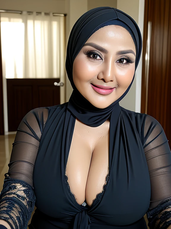 (selfie photo)) (Realistic) ((Sexy Hijab)) (real mature face) (old beauty) 62 Years old fat Indonesian mature woman, sexy curvy, (sexy chubby body shape), (natural makeup), Big : 34.9, Breast about to burst Out, (exposed cleavage) (old woman in Jakarta) soft smile, facing at camera, half body - professional photography with excellent lighting. Blurred background