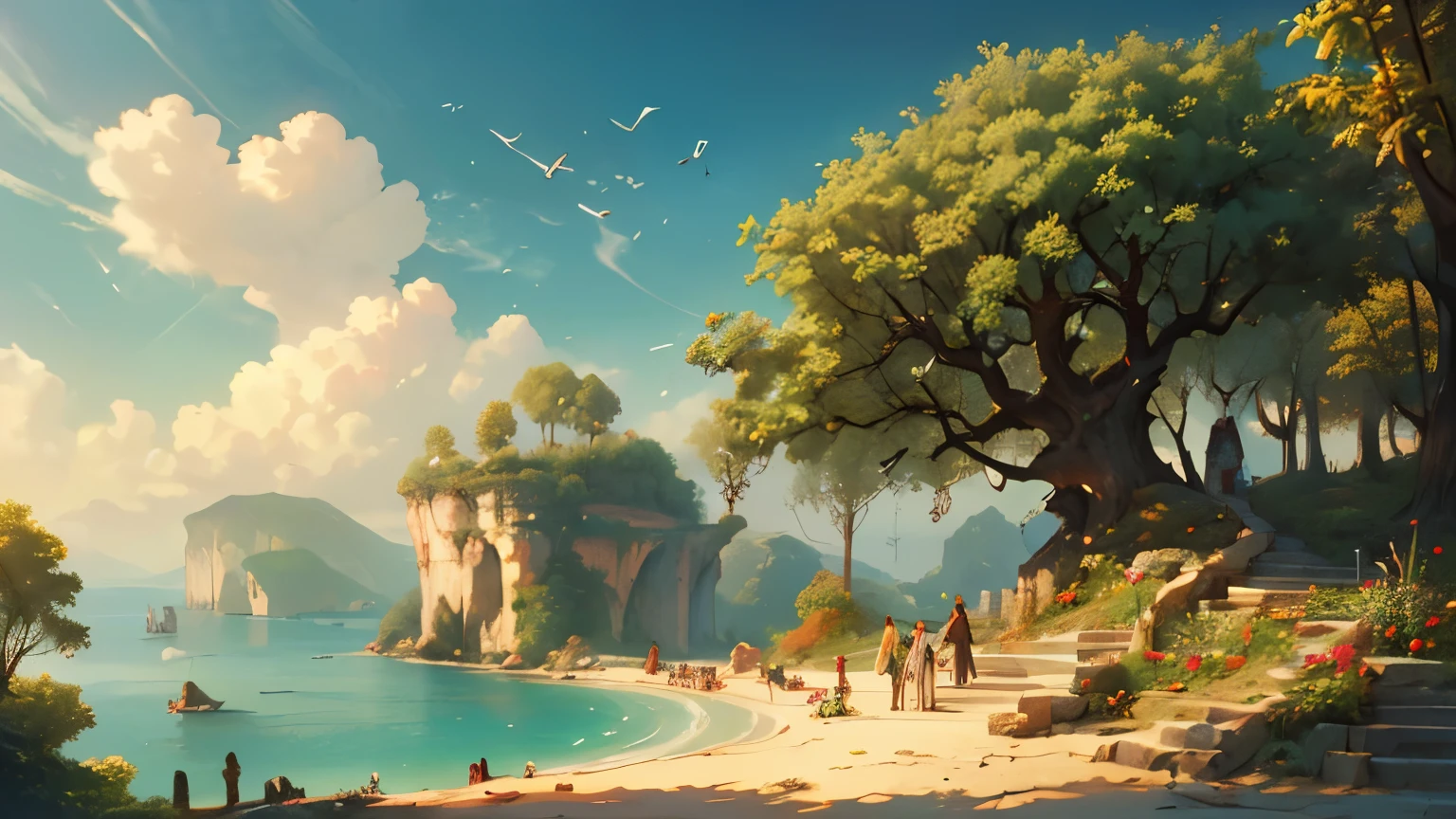 ultra-detailed,(realistic,photorealistic,photo-realistic:1.37), (Prophet Adam & Eve), were tempted and ate the fruit, single tree, view from afar, fantasy, heaven scene