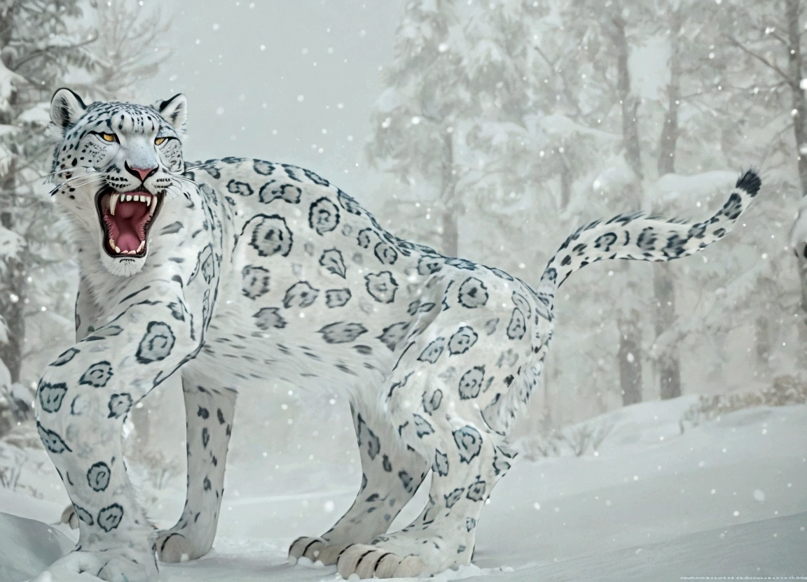 A giant snow leopard, white with grey and blue spotted, ((3 giant very lonh fangs in the lower part of the mouth)), photorealistic, 8k, uhd, masterpiece, in a snow land in the edge of a forest
